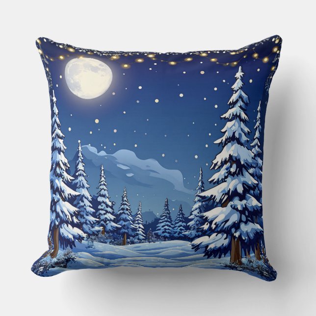 Coussin Paysage de forêt enneigée sous une nuit au clair d (Recto)