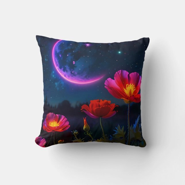 Coussin Paysage de pavot psychédélique avec lune (Recto)