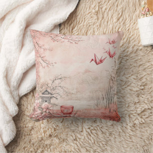 Coussin Paysage de sérénité aux cerisiers en fleurs roses 