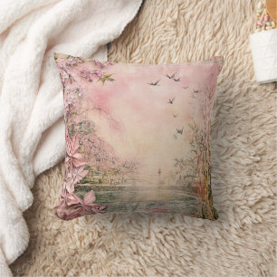 Coussin Paysage de sérénité aux cerisiers en fleurs roses 