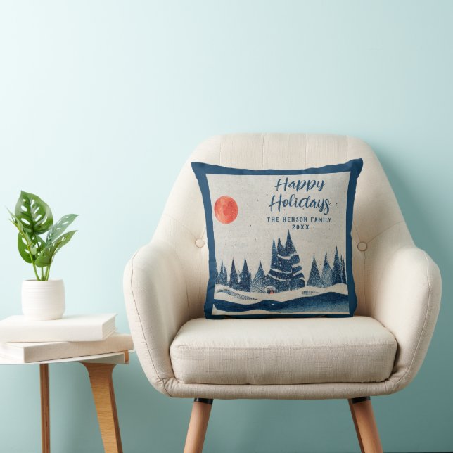 Coussin Paysage d'hiver Forêt Lune Bleu de la Marine Dessi (Chaise)