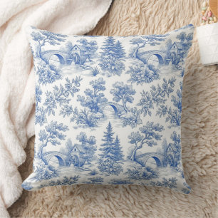 Coussin Paysage forestier en toile de Jouy bleue vintage