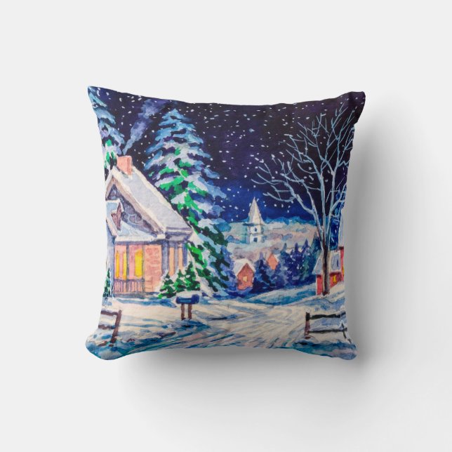 Coussin Paysage hivernal enneigé. Maison de campagne. Noël (Recto)