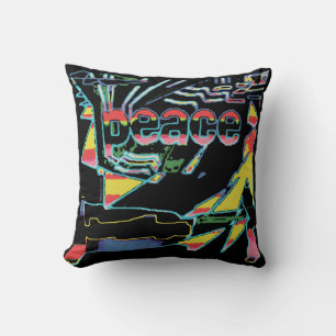 Coussin "Peace" Art Graphique Rouge Jaune Aqua Rose sur No