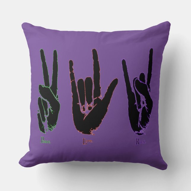 Coussin Peace Love Rock Symboles main blanche Jeter Oreill (Recto)