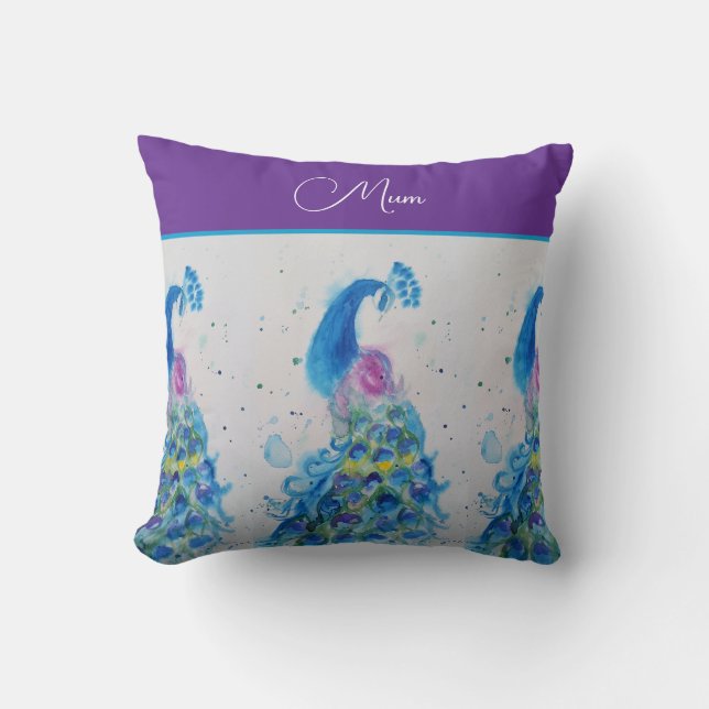 Coussin Peacock Aquarelle Bleu Peinture Fête des mères (Recto)