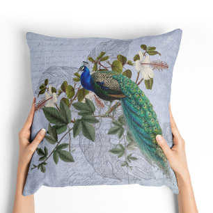 Coussin Peacock Ephemera Romantique Bleu Vintage Art Graph