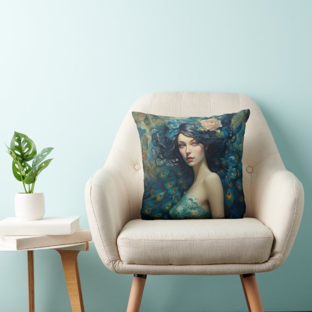 Coussin Peacock Feather Beather : Femme en Turquoise et bl (Chaise)