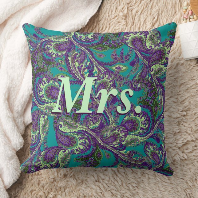 Coussin Peacock Paisley Mariées violettes et vertes (Couverture)