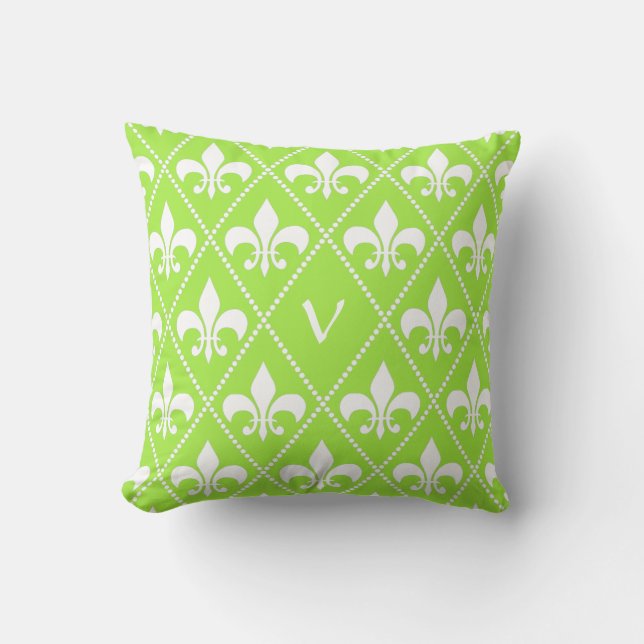 Coussin Pear Green Fleur de Lis avec monogramme initial (Recto)