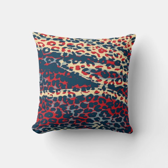 Coussin Peau Empreinte de léopard rétro (BLue, Rouge, Bisq (Recto)