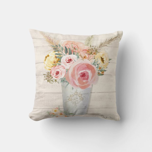 Coussin Pêche Aquarelle Bouquet Floral Pampas Bois d'herbe (Recto)