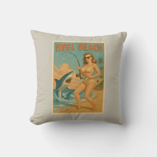 Coussin Pêche au requin sur la plage authentique Pin-Up Ré