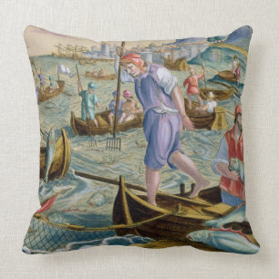 Coussin Pêche avec des filets et des tridents dans la baie