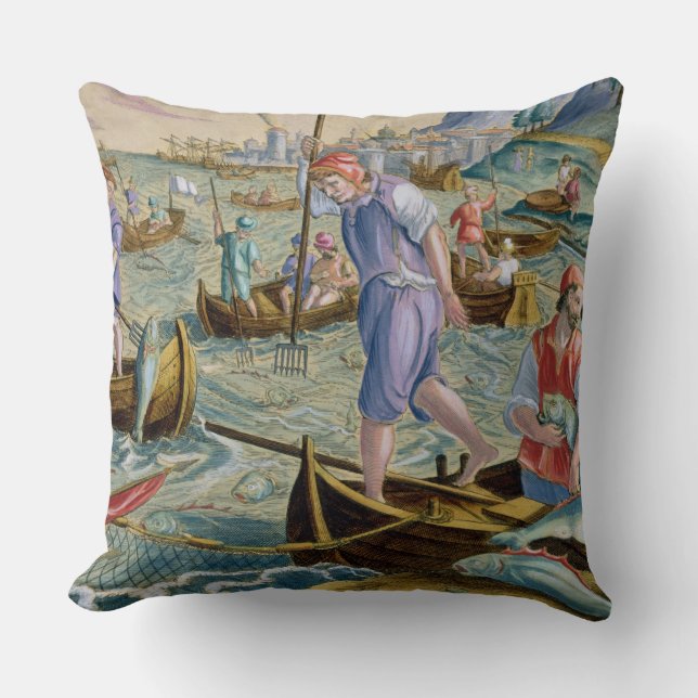 Coussin Pêche avec des filets et des tridents dans la baie (Recto)