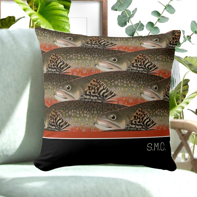 Coussin Pêcheur Brook Truite Poisson Design noir blanc rou (Créateur téléchargé)