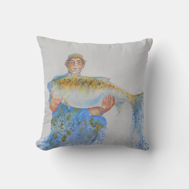 Coussin Pêcheur peinture d'aquarelle cadeau de pêche pour  (Recto)