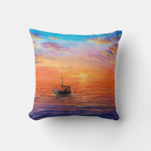 Coussin Peinture à l'huile abstraite de bateau de pêche e
