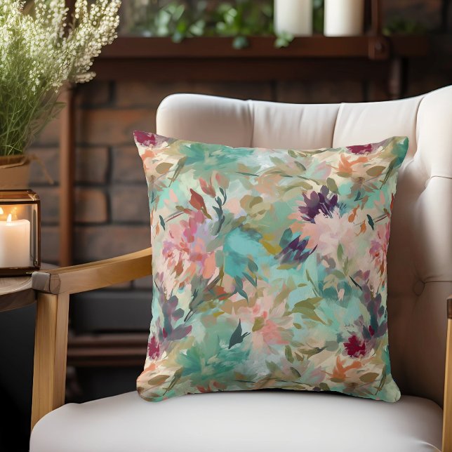 Coussin Peinture Abstraite beige turquoise motif floral (Créateur téléchargé)