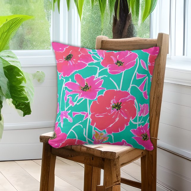 Coussin Peinture Anémonique Motif rose & Aqua Floral (Créateur téléchargé)