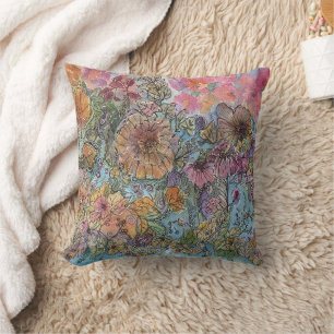 Coussin Peinture aquarelle de jardin de fleurs Boho Chic