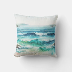 Coussin Peinture aquarelle de vagues océaniques de plage