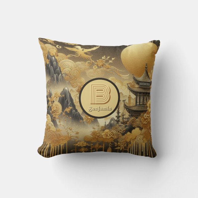 Coussin Peinture chinoise Faux Golden Dripping Monogramme (Recto)