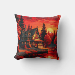 Coussin Peinture coucher de soleil avec chalet et lac