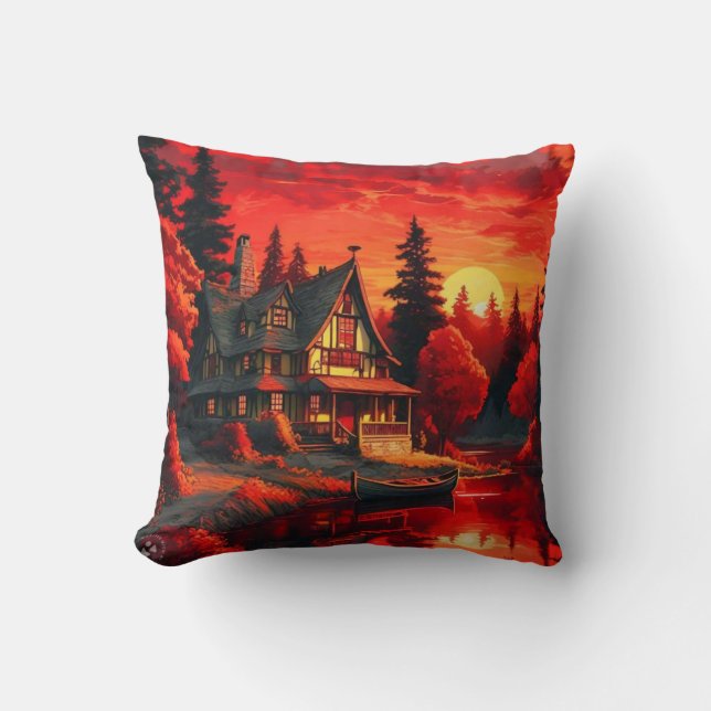 Coussin Peinture coucher de soleil avec chalet et lac-6663 (Recto)