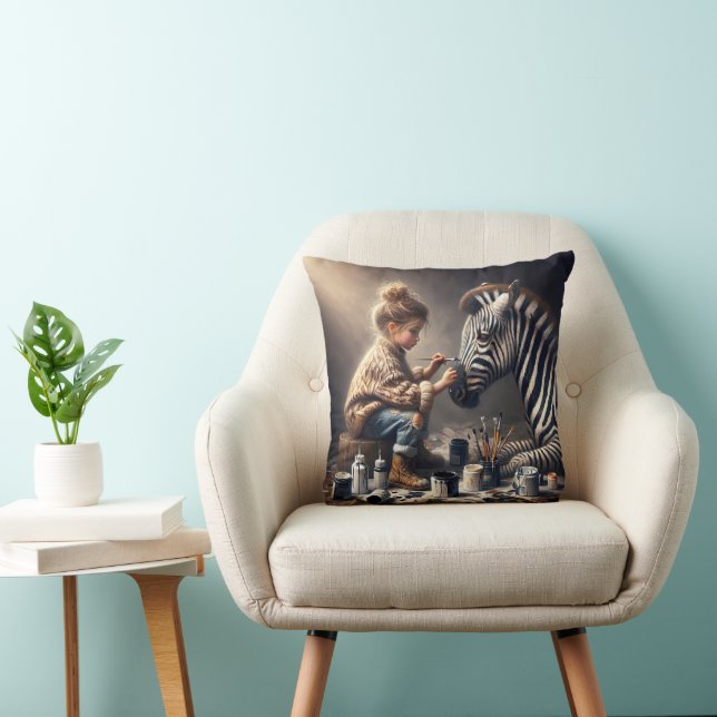 Coussin Peinture de filles sur un zèbre (Chaise)