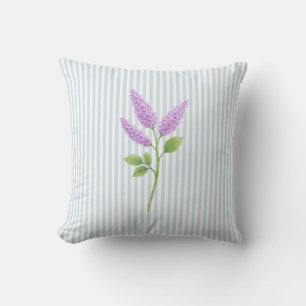 Coussin Peinture de Fleur de Lilas Violet à Rayure Bleue