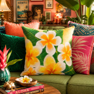 Coussin Peinture de fleur de Plumeria vibrante vert jaune