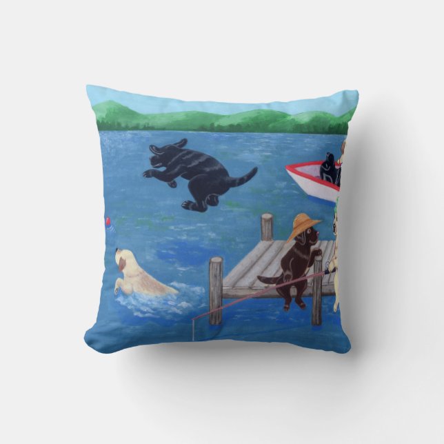 Coussin Peinture de Labradors d'amusement de lac (Recto)