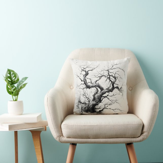 Coussin Peinture en encre d'arbre foncé (Chaise)