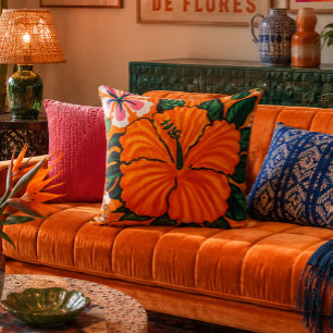 Coussin Peinture Rétro d'Hibiscus Orange des Années 1970