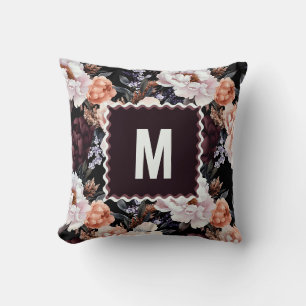Coussin Peonies sombres Motif floral Monogramme