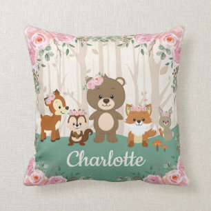 Coussin Pépinière d'animaux de la forêt de forêt rose