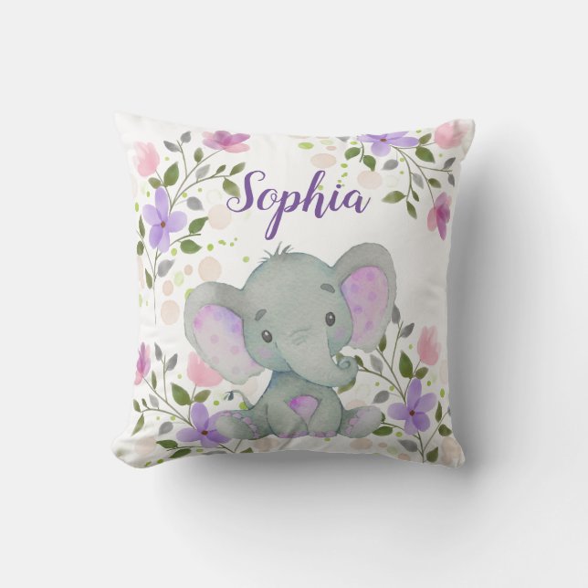 Coussin Pépinière d'éléphantes florales à l'aquarelle viol (Recto)