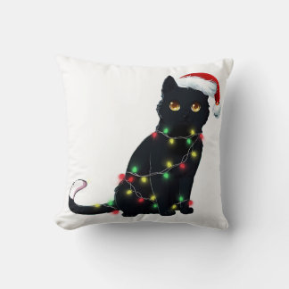 Coussin Père Noël Chat Noir Tangé Dans La Lumière De L'Arb