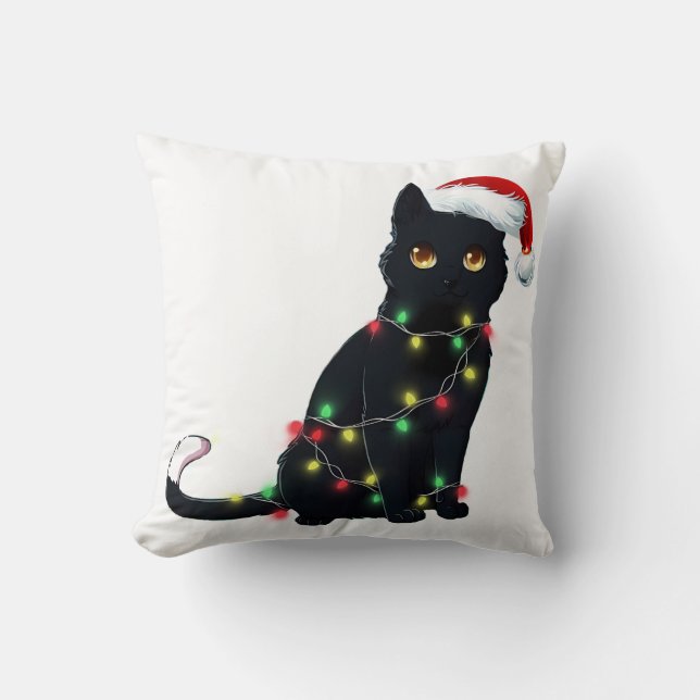 Coussin Père Noël Chat Noir Tangé Dans La Lumière De L'Arb (Recto)