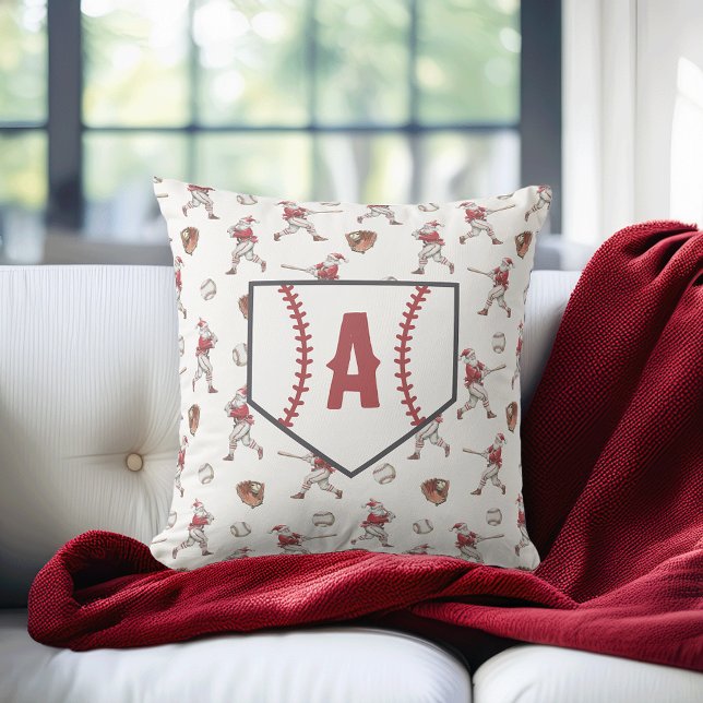 Coussin Père Noël de baseball Monogramme de plaque de base (Créateur téléchargé)