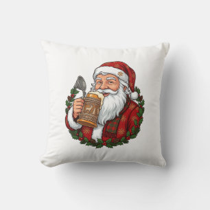 Coussin Père Noël de Noël tenant un verre de bière