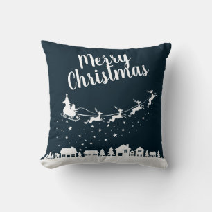 Coussin Père Noël de traîneau et rennes volant au-dessus d