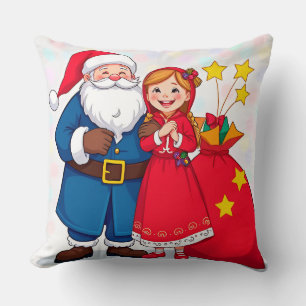 Coussin Père Noël et fille avec un sac de cadeaux