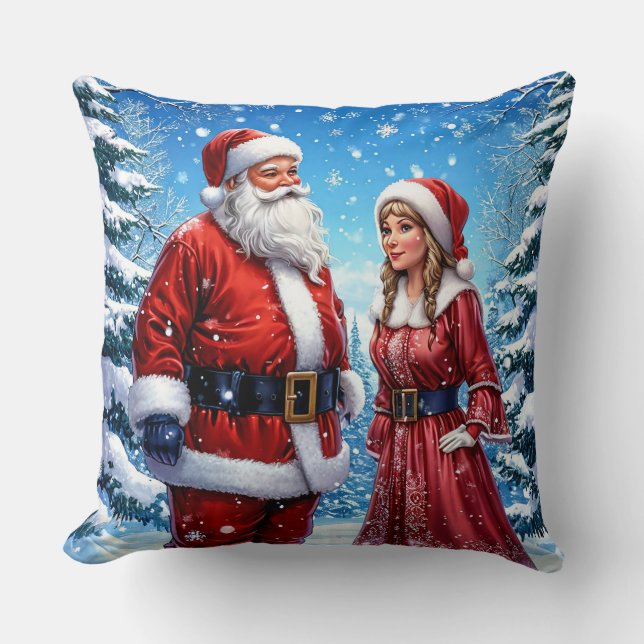 Coussin Père Noël festif et Mme Claus (Recto)