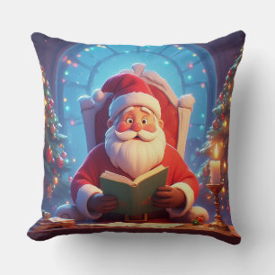 Coussin Père Noël lisant un livre à la lumière d'une bougi