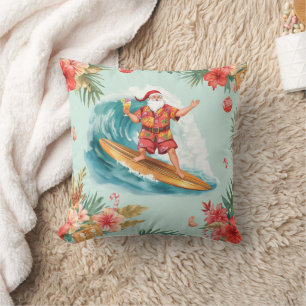 Coussin Père Noël Noël en juillet à la plage surfeur