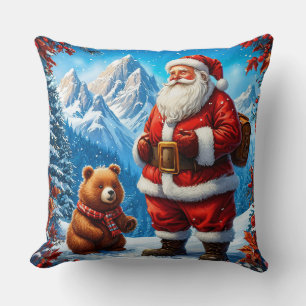 Coussin Père Noël rencontre un ours amical dans la montagn