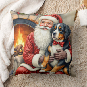 Coussin Père Noël tenant un chien de montagne bernois pour