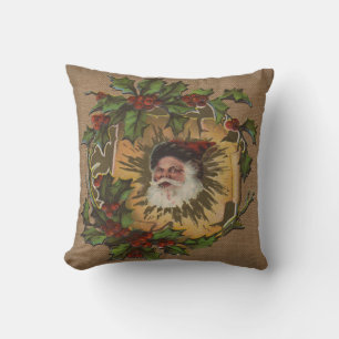 Coussin Père Noël Vintage Antique Houx Noël
